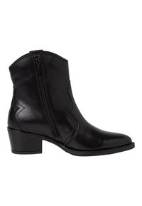 Bottine en cuir noir avec un bout pointu et un talon empilé. Elle présente une fermeture éclair sur le côté et des coutures décoratives dans un motif angulaire.