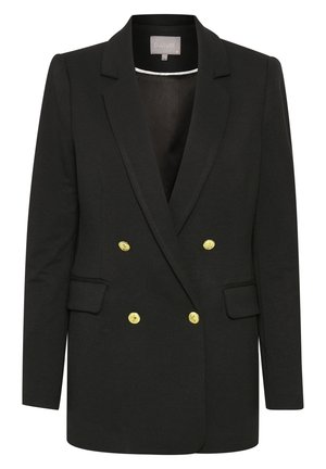 Black double-breasted blazer made of soft fabric, featuring gold buttons, peaked lapels, front pockets, and a tailored silhouette.