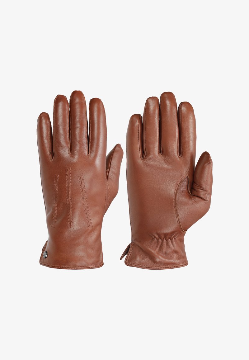 Braune Lederhandschuhe mit glatter Oberfläche, elegantem Design und nähen Details auf der Rückseite. Mit einem elastischen Bündchen für einen engen Sitz.