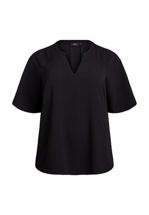 Black short-sleeve top with a V-neckline. Made from a textured fabric, featuring a relaxed fit and subtle shaping at the shoulders.