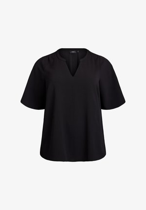 Juodas trumpomis rankovėmis viršus su V formos iškirpte. Pagamintas iš tekstūruoto audinio, pasižymi laisvu siluetu ir subtiliu formavimu pečių srityje.