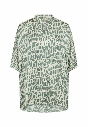 Kurzärmliges Hemd mit Knopfleiste in einem hellgrünen Farbton mit abstrakten dunkelgrünen Mustern, in lockerer Passform und mit abgerundetem Saum.