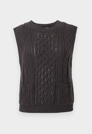 Dark gray knitted sleeveless sweater with intricate cable patterns, textured fabric, round neck, and two front pockets.