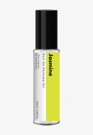 Olio profumato roll-on in vetro trasparente con tappo nero. L'etichetta presenta colori bianco e giallo brillante con il testo "Gelsomino" e dettagli sul prodotto.
