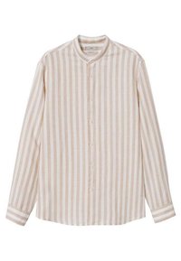 Beige en wit gestreepte langekoope blouse met een mandarinenkraag, knopen vooraan en rechte snit. Zachte textuur met manchetten.