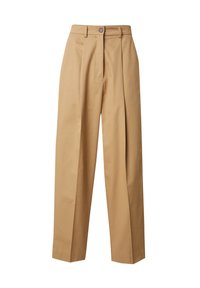 Beige wijde broek van katoen, met een rechte snit, voorplooien en een enkele knoopsluiting aan de taille.