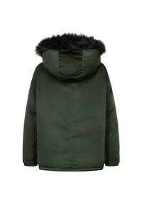 Dunkelgrüne isolierte Jacke mit einer Kapuze, die einen schwarzen Kunstfellbesatz aufweist, glatte Textur und elastische Bündchen hat, designed für Wärme.