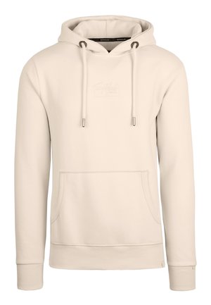 Beiger Kapuzenpullover mit verstellbarer Kordelzugkapuze, Kängurutasche, gerippten Bündchen und Saum sowie dezentem, geprägtem Logo in der vorderen Mitte.
