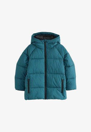 Tegnet vinterjakke i blågrøn med hætte, sort forlynlås, to lynlåslommer i siden og subtilt ternet mønster på stoffet.