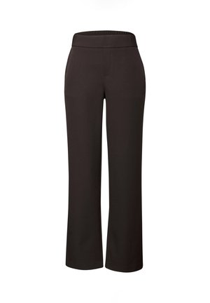 Pantalons larges noirs avec une taille élastique, fabriqués en tissu lisse. Présente des lignes épurées et un design simple, sans ornements.