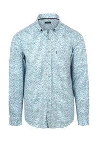 Langarm-Hemd in Hellblau mit geometrischem Muster. Weicher Stoff, normaler Kragen und vordere Knopfverschluss.