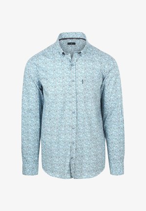 Lange mouw knoopshirt in lichtblauw met een geometrisch patroon. Zachte stof, normale kraag en knoopsluiting aan de voorkant.