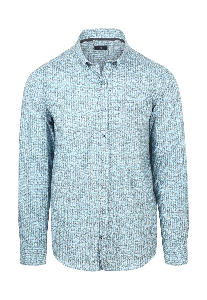 Lange mouw knoopshirt in lichtblauw met een geometrisch patroon. Zachte stof, normale kraag en knoopsluiting aan de voorkant.