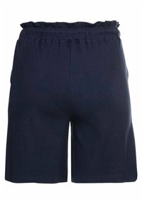 Tyrkysové šortky s texturovanou, žebrovanou tkaninou. Mají elastický pas se zavinovacím lemem a přímý střih nohavic. Bez kapes.