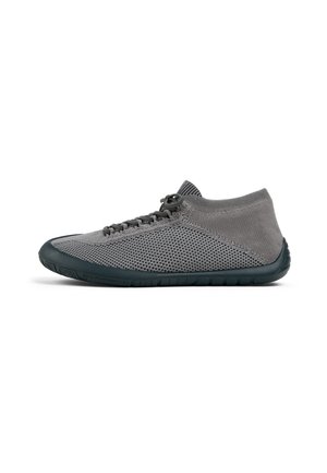 Gray lightweight sneaker with a breathable knit upper, rounded toe, and a flexible rubber sole featuring a textured pattern for grip.