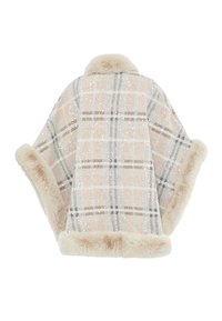 Karo pončo vyrobené z měkké, lehké tkaniny, v béžových, růžových a šedých tónech, s plyšovým umělým kožíškem a jemnými lesklými detaily.