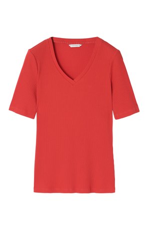 Red ribbed short-sleeve t-shirt featuring a V-neckline and a fitted design. The fabric has a soft texture with visible ribbing.