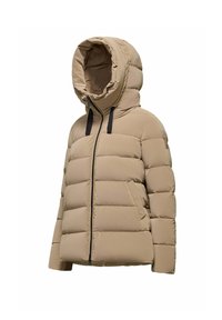 Beige gewatteerde jas met een ruime capuchon, ritssluiting en zwarte accentriemen. Heeft een gequiltde textuur en een moderne, boxy silhouet.