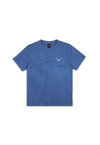 Blaues Baumwoll-T-Shirt mit Rundhalsausschnitt und kurzen Ärmeln. Besitzt ein kleines hellblaues Grafikdesign eines Hasen im linken Brustbereich.