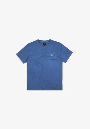 Blue cotton t-shirt with a round neck and short sleeves. Features a small light blue graphic of a rabbit on the left chest area.