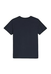 Granatowa bawełniana koszulka z okrągłym dekoltem i krótkimi rękawami; gładka struktura i prosty design; brak widocznych wzorów lub akcentów.