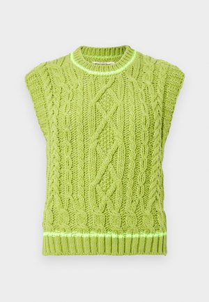 Suéter sin mangas de punto en verde brillante, con un patrón de cable texturizado y un dobladillo acanalado con un acento reflectante. Cuello redondo.