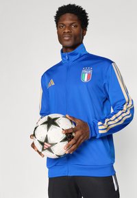 Μπλε αθλητικό μπουφάν με χρυσές ρίγες, με το σήμα της Ιταλίας. Κρατώντας μια λευκή ποδοσφαιρική μπάλα με μαύρες και ροζ λεπτομέρειες.