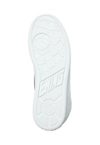 White rubber sneaker sole featuring a textured pattern with circular and diamond shapes, labeled "EWING," and a basketball emblem.