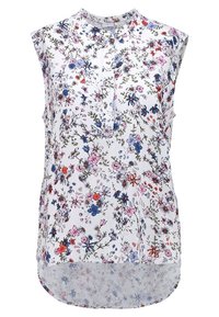 Blusa senza maniche floreale in bianco, con patta di bottoni e orlo arrotondato. Il design include fiori blu, rosa e rossi su uno sfondo chiaro.