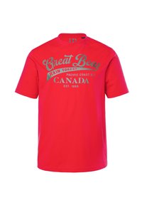 Camiseta de algodón roja con texto gris: "Gran Bosque de Osos del Pacífico, C.B. Canadá Est. 1880." Manga corta y cuello redondo.