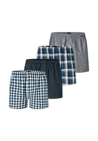 Quatre paires de boxers pour hommes, présentant des motifs variés : un tartan bleu et blanc, un uni marine et un gris, avec des ceintures élastiques.