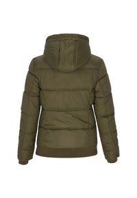 Oliven grøn polstret jakke med hætte, der har et vandret quiltet design, ribbede manchetter og en ribbet talje for en tæt pasform.