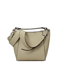 Borsa a mano in pelle beige con forma strutturata, cuciture nere a contrasto, manico corto e tracolla removibile. Presenta una chiusura a zip.