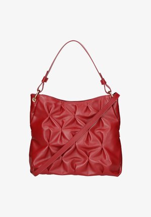 Red leather shoulder bag with a soft, textured surface featuring a crinkled design. It has a flat bottom and an adjustable strap.