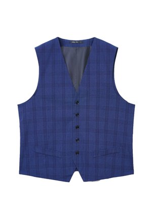 Marineblaue Weste mit Karomuster, V-Ausschnitt, sechs Knöpfen und zwei Vorder- taschen. Glatt strukturierter Stoff.