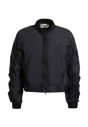 Zwarte bomberjas met een rits aan de voorkant, gerimpelde mouwen, elastische boorden en zoom, klein logo op de borst en opstaande kraag.