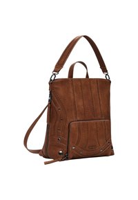 Brown leather handbag with shoulder strap, front zip pocket, decorative stitching, and metal studs, branded with "Desigual" on pocket.