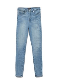 Light blue faded skinny jeans with front button and five-pocket design laid flat on white background.