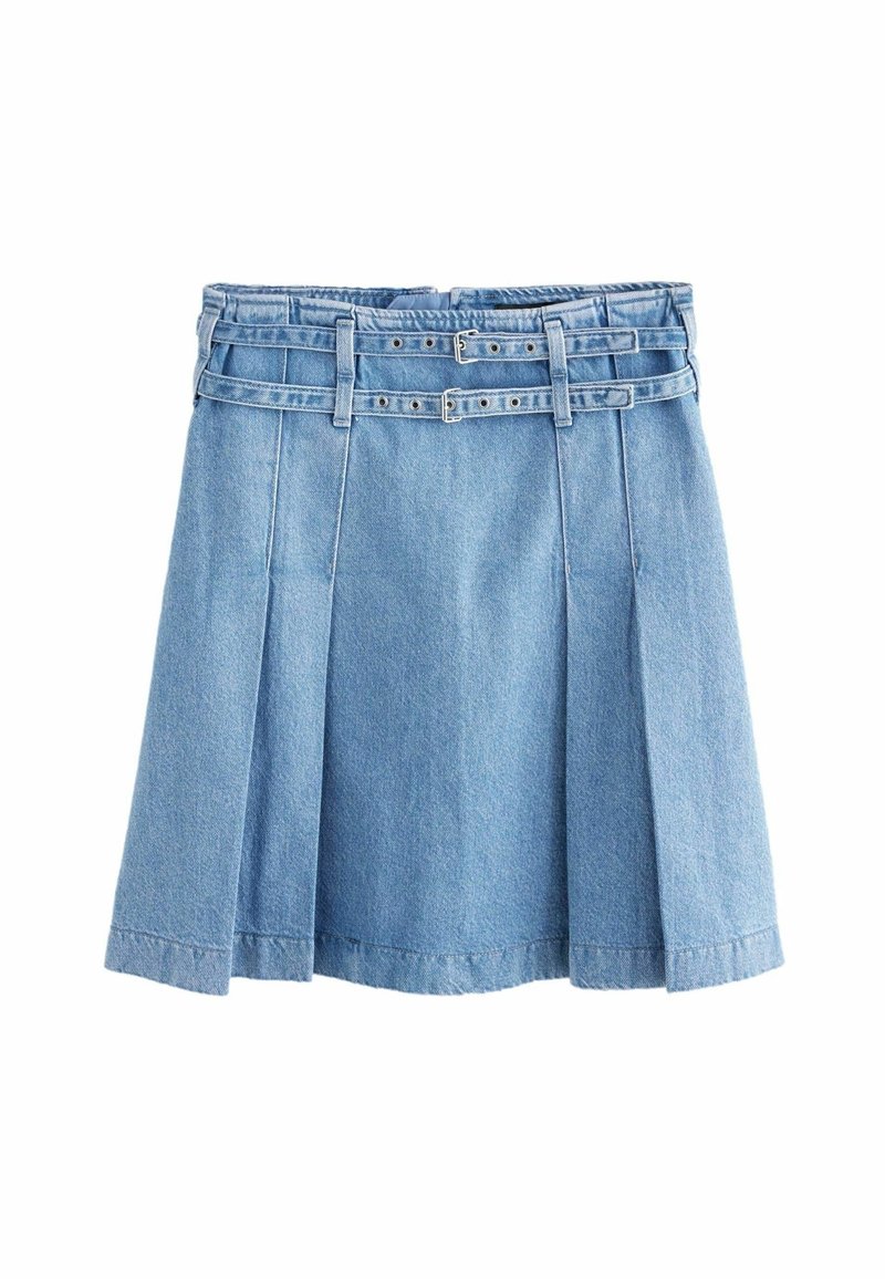 Jupe en denim bleu clair avec des plis et deux fines ceintures assorties à la taille, présentée sur un fond blanc.
