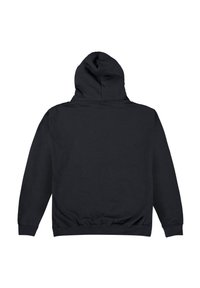 Felpa nera con cappuccio vista da dietro, caratterizzata da maniche lunghe e orlo e polsini a coste.