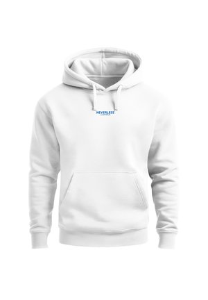 Weißes Kapuzensweatshirt mit Fronttasche und Kordeln, mit kleinem blauem "NEVERLESS LUMINOUS" Text auf der Brust.
