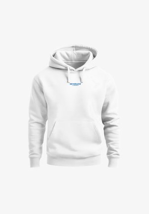 Weißes Kapuzensweatshirt mit Fronttasche und Kordeln, mit kleinem blauem "NEVERLESS LUMINOUS" Text auf der Brust.
