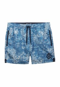 Şorturi de plaj albastre din poliester cu imprimeuri tropicale și nautice albe. Oferă un talie cu șnur și buzunare laterale. Logo pe față.