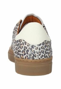 Leopard-print sneaker with a textured upper, white leather accents, a brown rubber sole, and smooth lining visible at the opening.