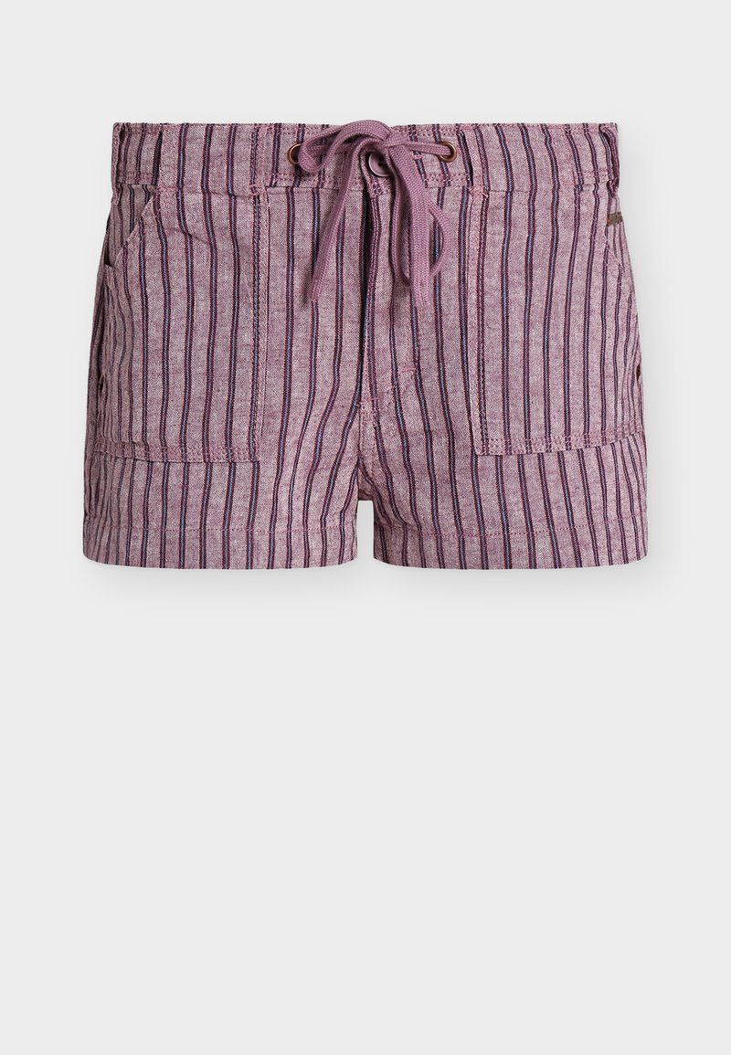 Μωβ και ροζ λινά σορτς με ρίγες, με τσέπες μπροστά και κορδόνι στη μέση που ταιριάζει, τοποθετημένα επίπεδα σε λευκό φόντο.