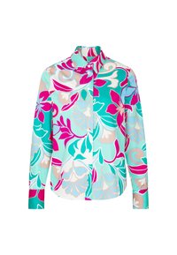 Langärmliges Hemd mit Knopfverschluss in hellem Teal, verziert mit auffälligen Blumenmustern in Pink, Weiß und Beige. Glattes Material mit einem klassischen Kragen.