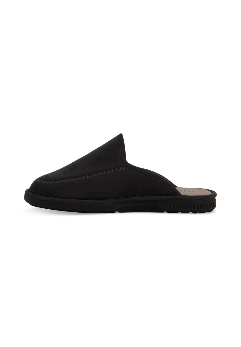 Scarpa slip-on in suede nero con punta arrotondata e dettagli di cucitura, dotata di una suola in gomma flessibile per il comfort.