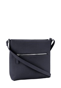 Borsa a tracolla rettangolare blu scuro con tessuto testurizzato, tasca frontale con zip orizzontale e tracolla regolabile con ganci metallici.