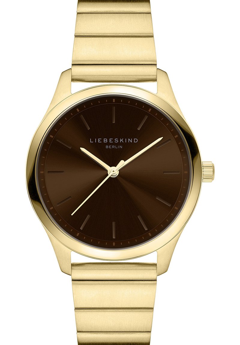 Goldfarbener Metallarmbanduhr mit braunem Zifferblatt, das schlanke Stundenmarkierungen und Zeiger bietet. Das Armband hat eine gebürstete Textur mit einem verlinkten Design.