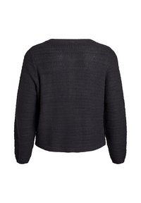 Svart stickad tröja med lös passform, med ett strukturerat mönster och ribbad fåll. Rund halsringning och långa ärmar.